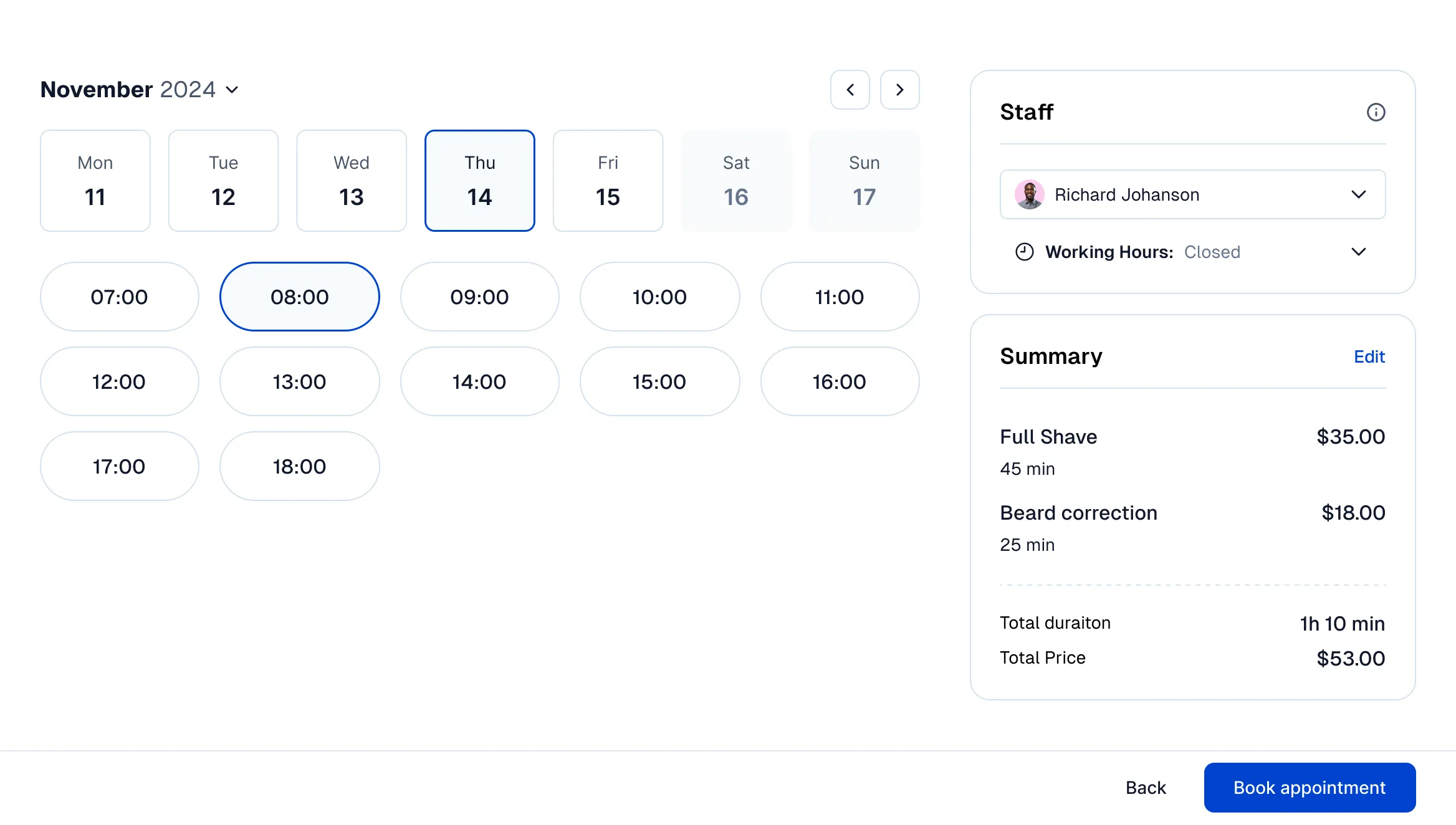 Booking interface screenshot